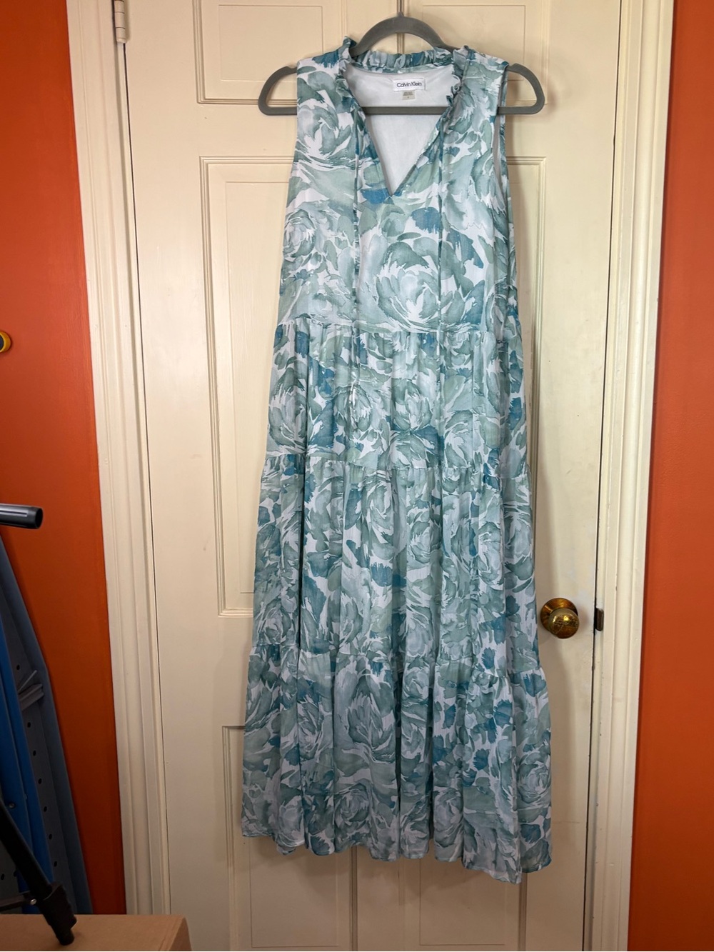 Calvin Klein Aqua Floral Chiffon Floaty Tiered Fairy Core Maxi Dress-Size 2
